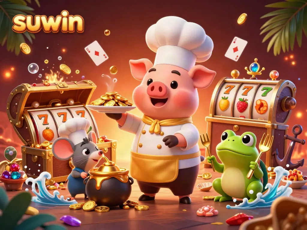 Experience winning with suwin in this vibrant 3D casino scene of a pig chef serving gold coins.