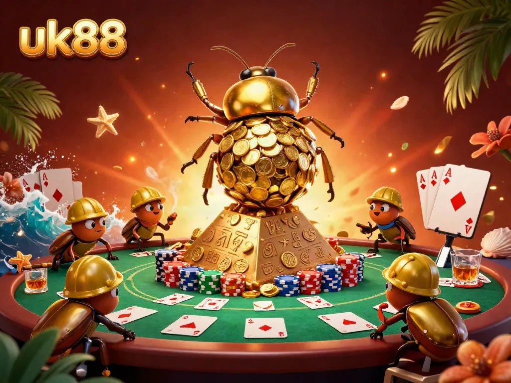 Engage with thrilling uk88 casino experiences as golden beetles roll coins in a vibrant 3D scene featuring poker elements.