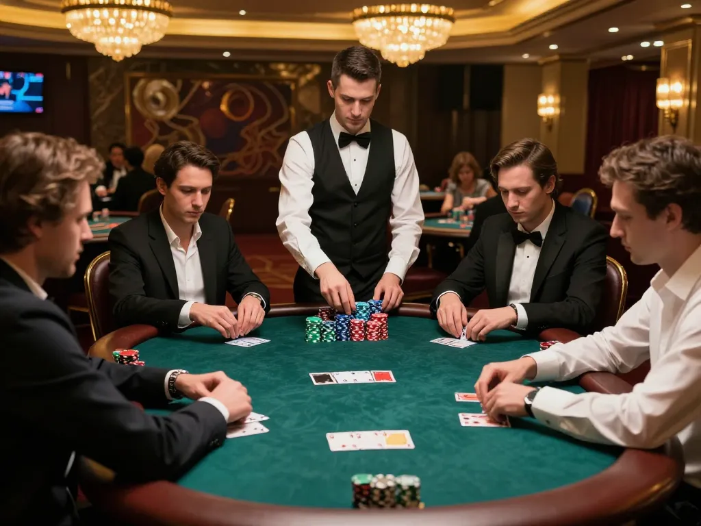 Players strategizing in a high-stakes poker game at a luxurious casino, showcasing badak178's thrilling entertainment.