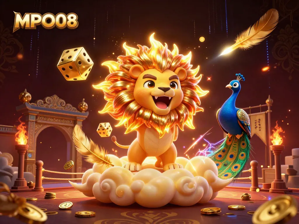 MPO08 offers an exhilarating experience with vibrant illustrations of a roaring lion, golden dice, and dynamic gaming elements.