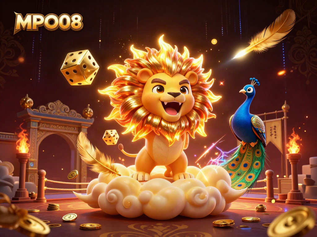 MPO08 offers an exhilarating experience with vibrant illustrations of a roaring lion, golden dice, and dynamic gaming elements.