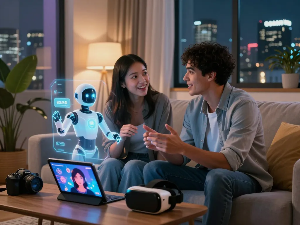 Couple engaging with an AI chatbot about ai sex in a modern living room filled with tech gadgets.