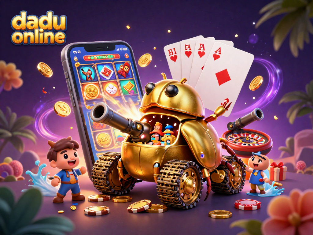 Spin to win with dadu online in this vibrant casino-themed 3D illustration showcasing a unique beetle tank casino.