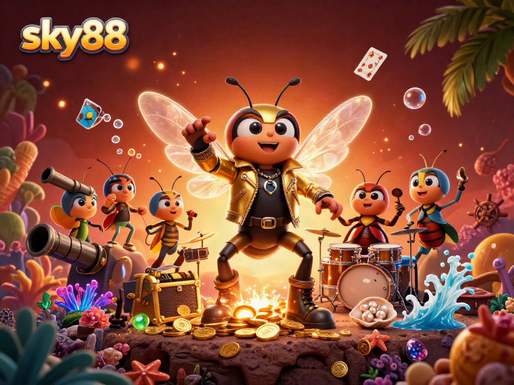 Experience thrilling gambling with sky88's cartoon rock star in a vibrant casino scene filled with treasures.