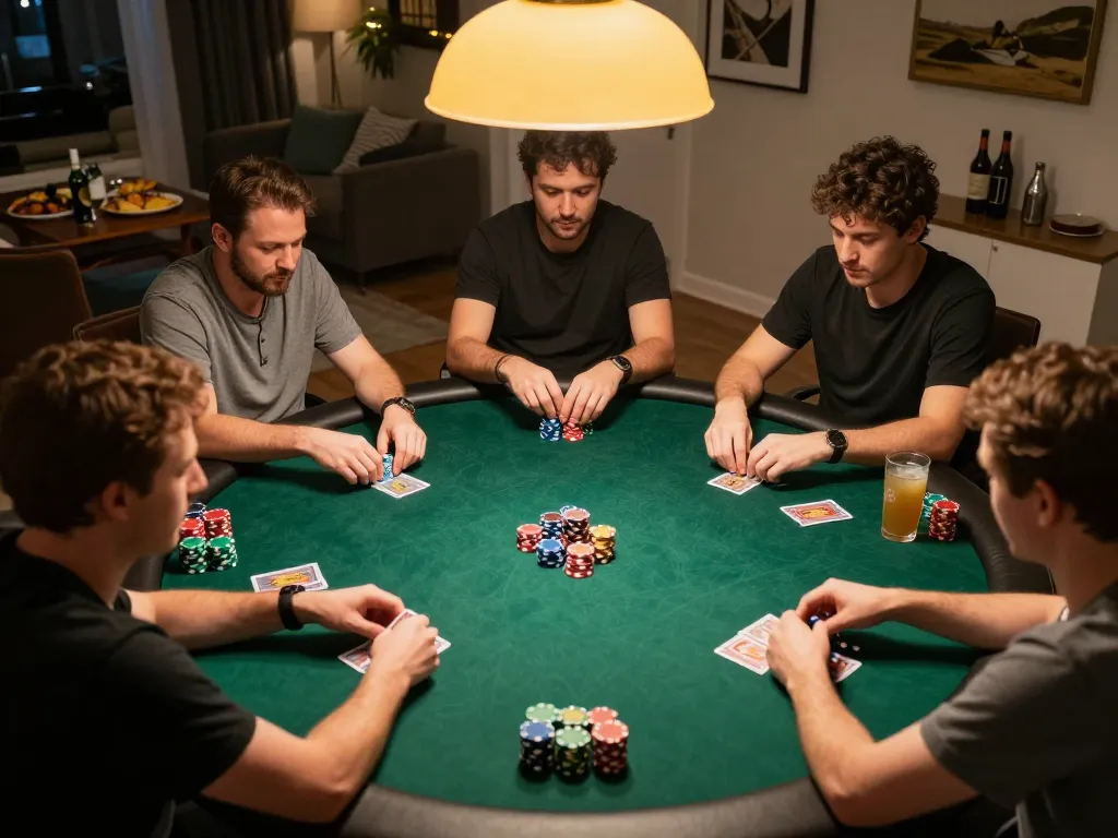 Engaging friends playing poker at home with abc8go apps on the table, showcasing strategies and camaraderie.