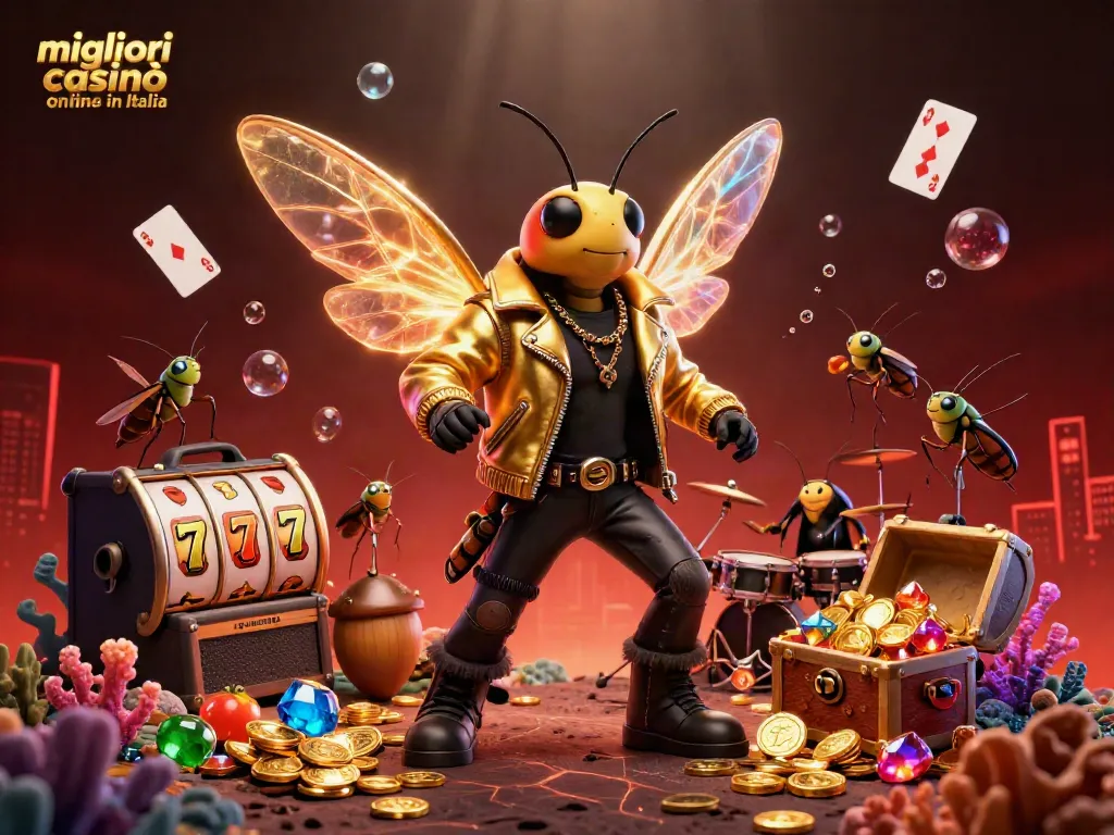 I migliori casinò online in Italia presentano un'illustrazione 3D vivace di un cicada rockstar e giochi scintillanti.