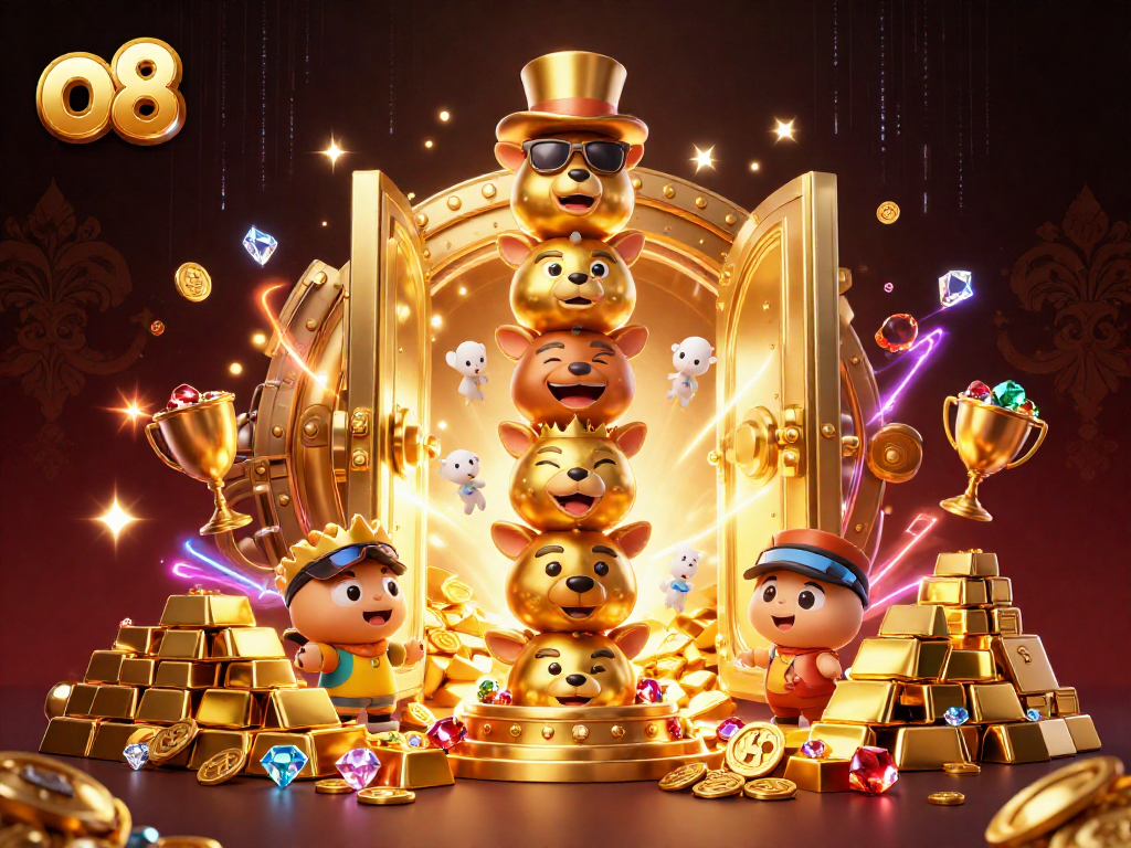 Experience vibrant gaming at o8 with a 3D cartoon totem pole surrounded by treasures.