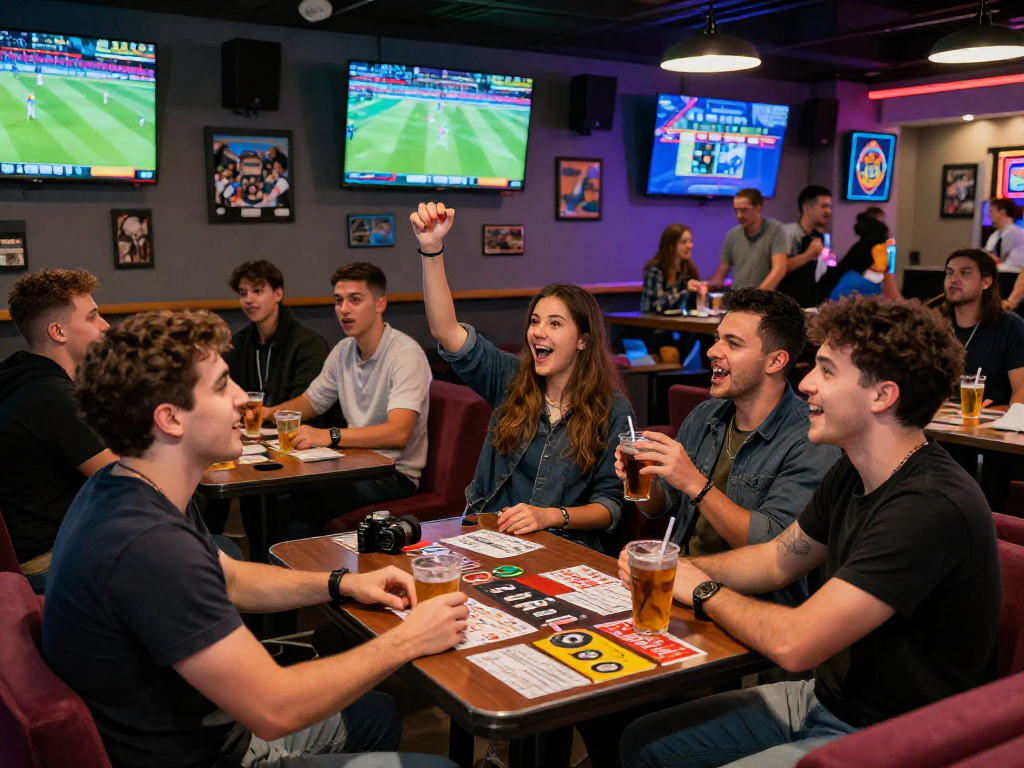 A vibrant gambling scene featuring the excitement of sports betting at an oxbet lounge with friends enjoying live sports.