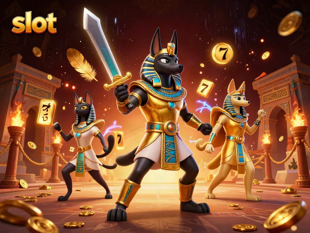 Experience thrilling slot adventure with Anubis and Bastet amidst dazzling casino elements.