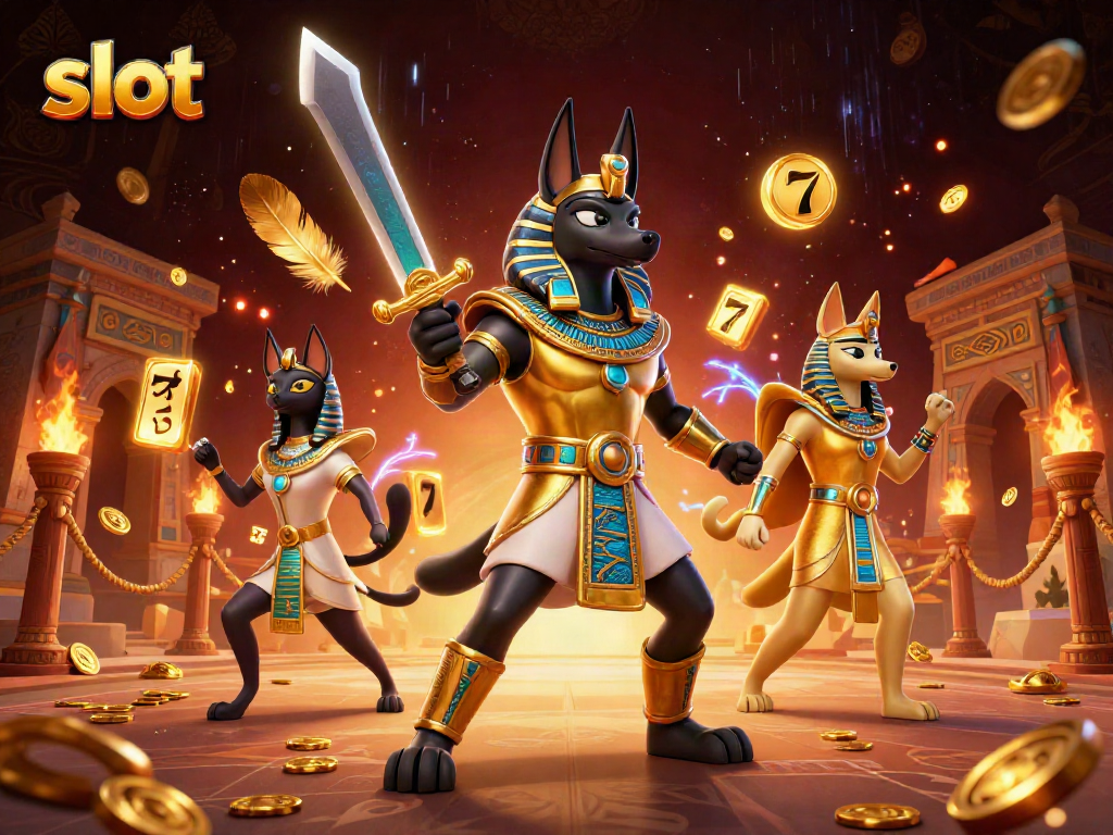 Experience thrilling slot adventure with Anubis and Bastet amidst dazzling casino elements.