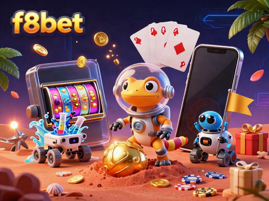 Experience the vibrant world of f8bet with a Martian gecko exploring a golden casino surrounded by dynamic gaming elements.