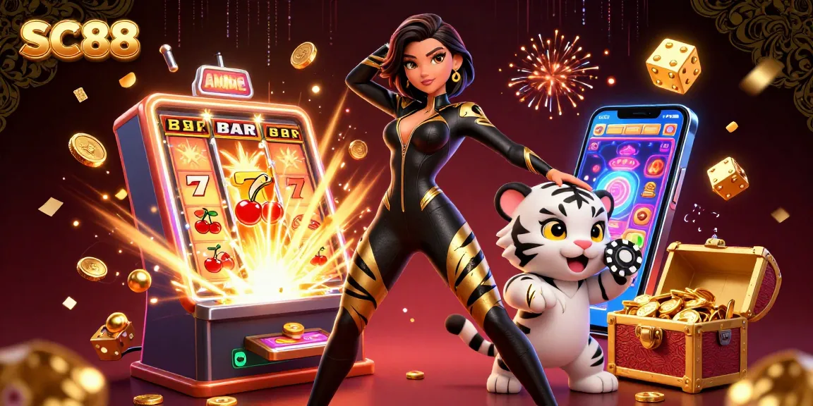 Experience SC88's thrilling gaming adventure with dynamic characters and explosive victory elements in this vibrant illustration.