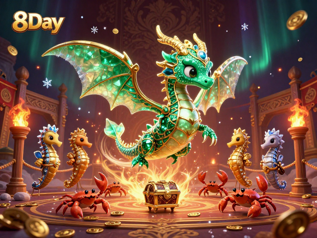 Experience thrilling gaming at 8Day with dynamic characters in a rich casino scene.