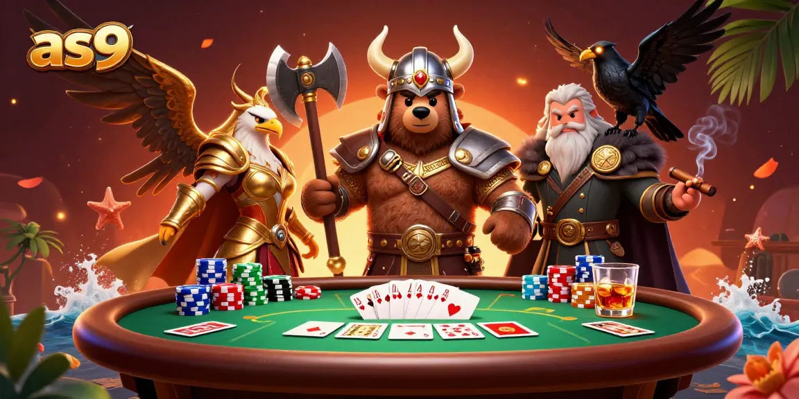 Engage in the thrilling world of as9 with a Viking berserker bear and Valkyrie eagle at a poker table.