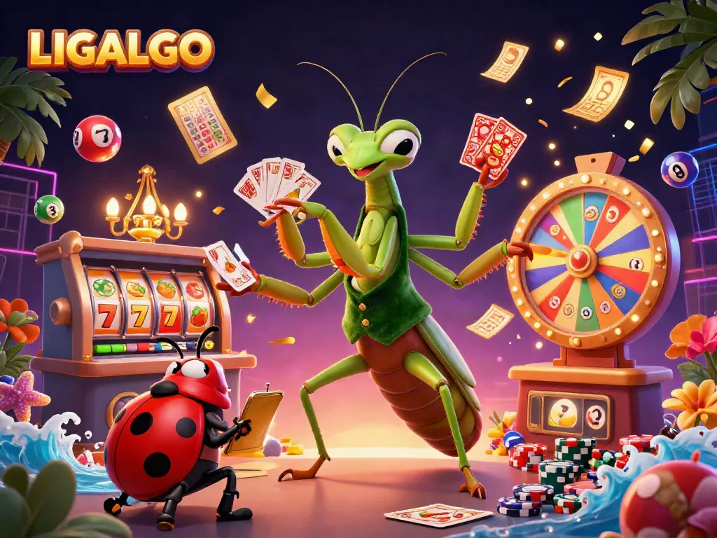 LIGALGO's vibrant 3D gaming scene showcasing a giant mantis card sharp dealing cards and slot reels spinning.