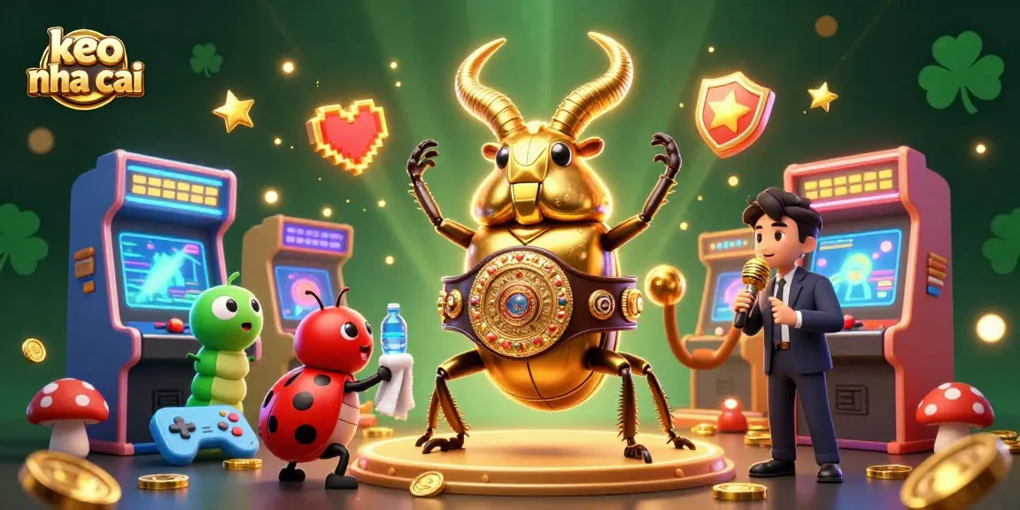 Experience exciting keo nha cai as a giant golden beetle battles with fellow quirky insect characters in a vibrant, casino-themed arcade.