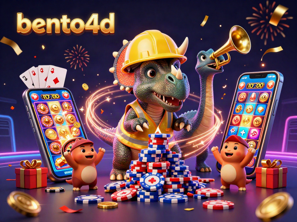 Bento4D depicts a triceratops building poker chips while celebrating a win with vibrant casino elements.