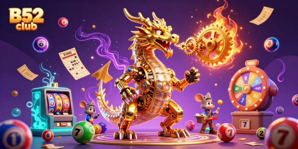 Engage with the winning atmosphere of B52 club with this dynamic 3D dragon scene featuring colorful casino elements.