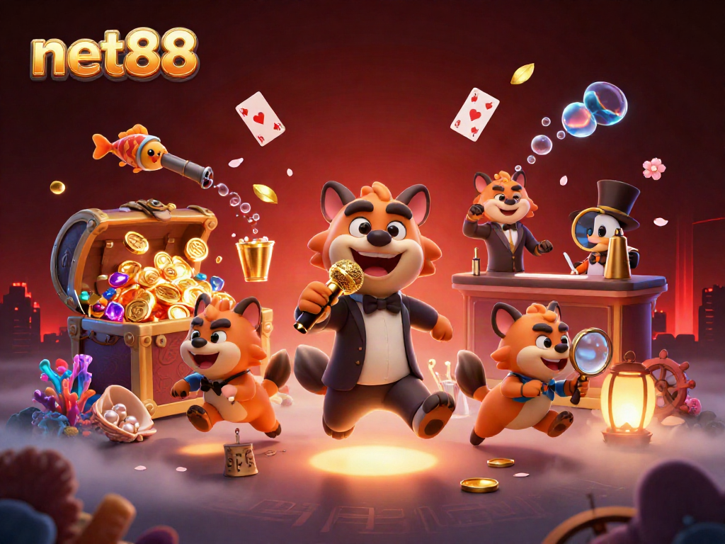 Experience the excitement of net88's casino scene with hyenas, gold treasures, and vibrant game elements.