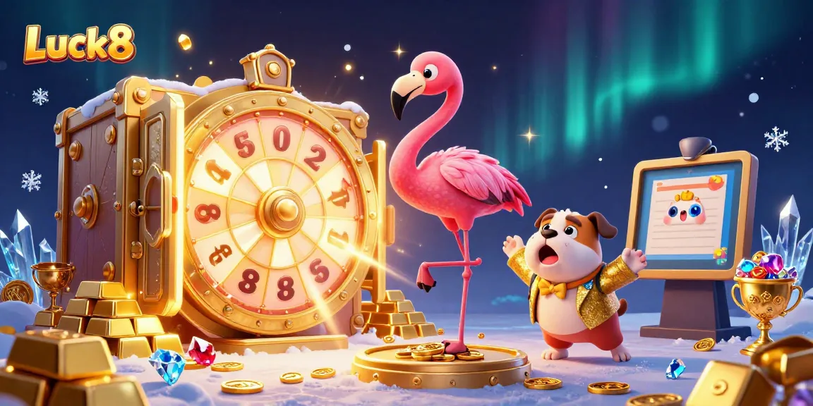 Experience thrilling wins with Luck8 as a game show host spins a prize wheel surrounded by treasures.