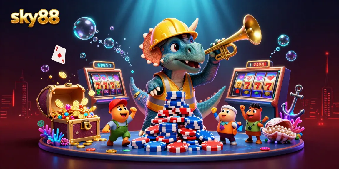 Join the fun at sky88 as a triceratops builds poker chip towers surrounded by vibrant underwater treasures!