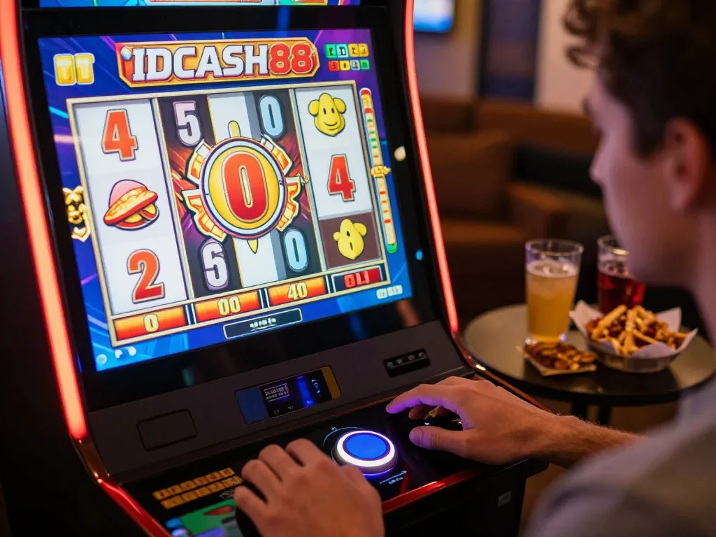 IDCASH88 Slot machine experience with vibrant graphics and focused player ready to spin.