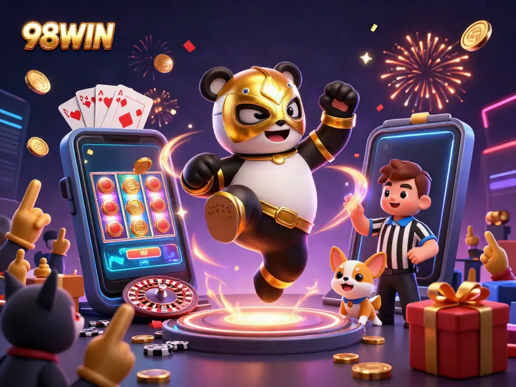 Experience thrilling moments at 98WIN with a panda wrestler and a referee, surrounded by casino elements.