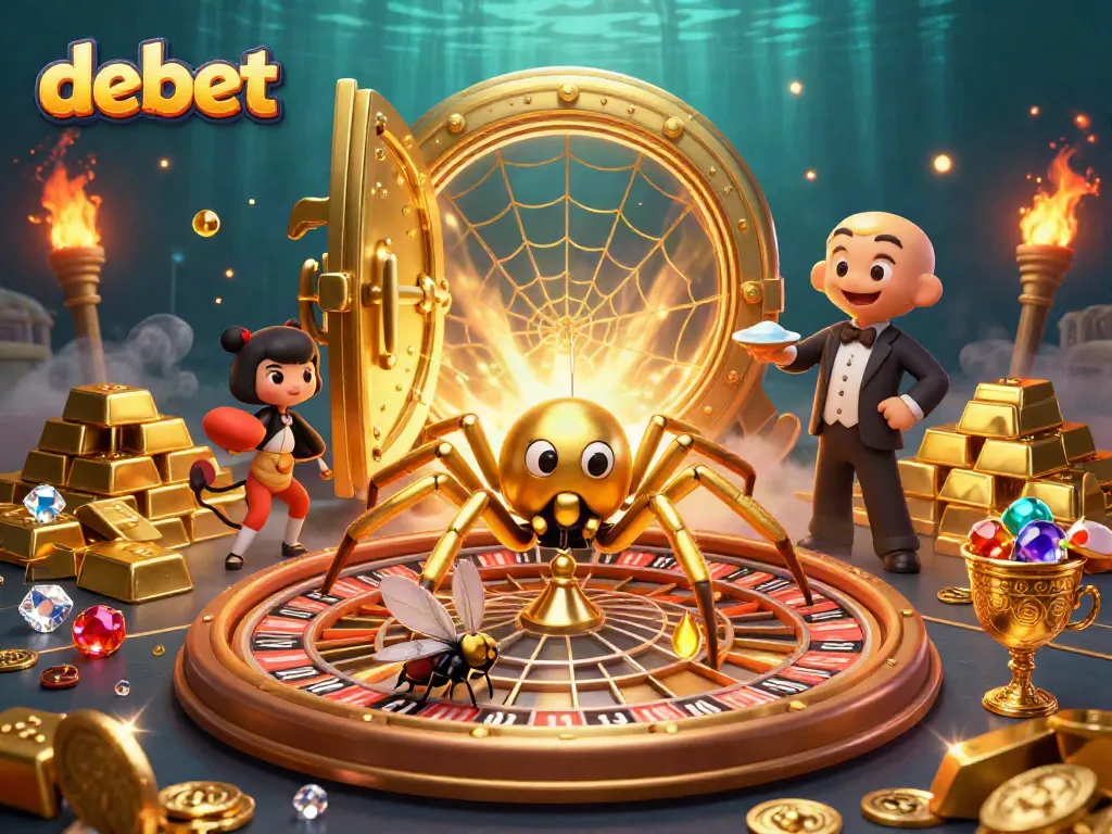 Spin the roulette at Debet with a golden spider and vibrant treasures in 3D.