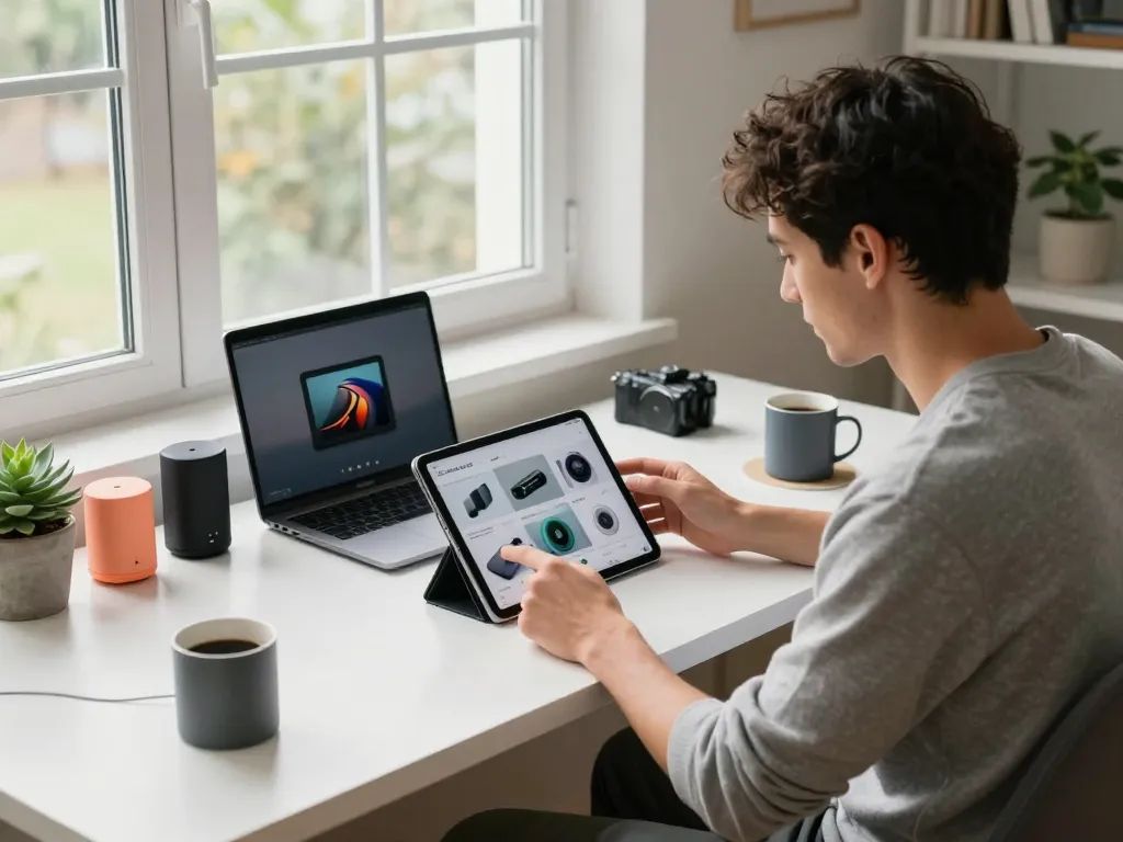 Exploring affordable tech gadgets at a modern home office with tablet, laptop, and colorful accessories.