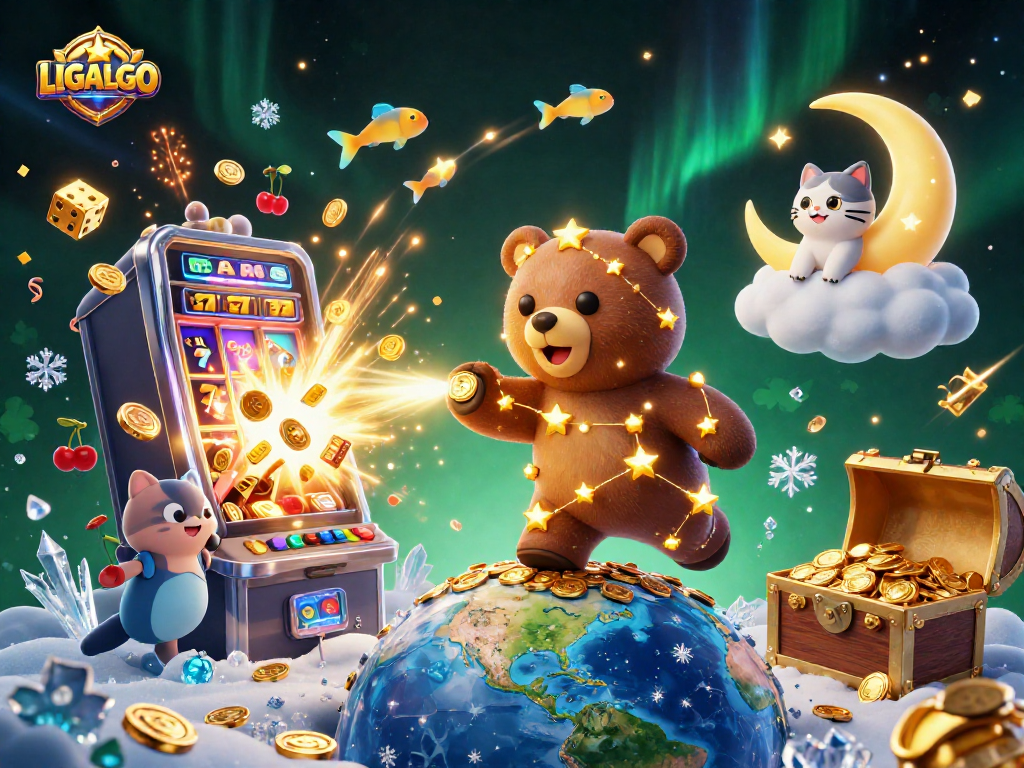 Win big with LIGALGO's exciting jackpot scene featuring a constellation bear and slot machine.