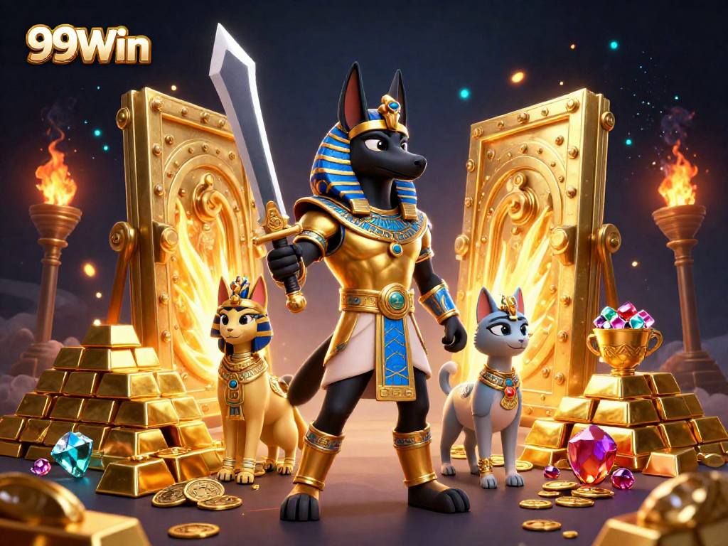 Experience the thrill of 99Win with ancient Egyptian warriors and dazzling treasures in a dynamic casino scene.