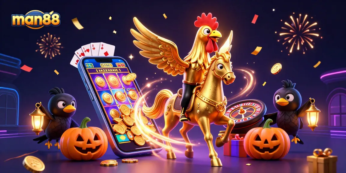 Experience the thrill of man88 casino with a vibrant golden rooster mascot showcasing exciting games and bonuses.