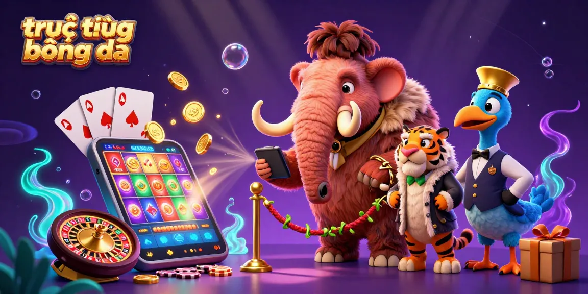 Experience trực tiếp bóng đá with a vibrant 3D illustration showcasing a woolly mammoth bouncer, celebrity guests, and immersive casino elements.