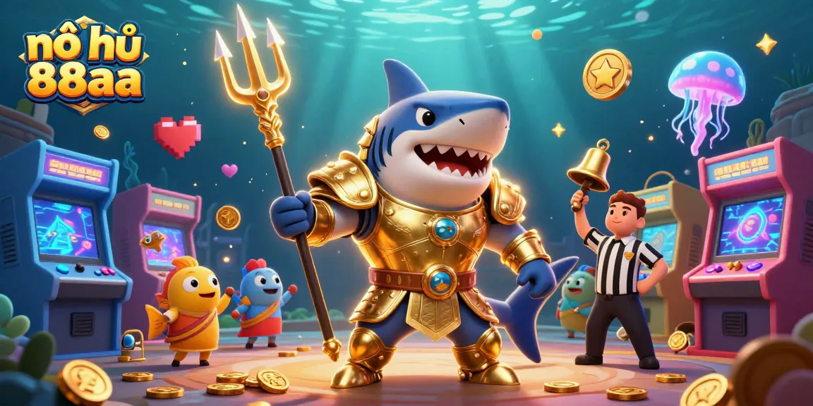 Engage with nổ hũ 88aa in a vibrant underwater scene with a golden shark and arcade excitement.
