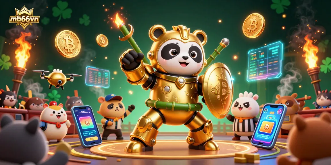 Engage with the mb66vn golden panda in an electrifying betting arena, lit with vibrant neon elements.