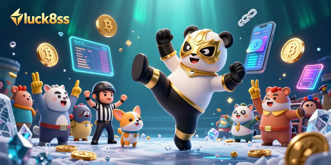 Engage with luck8ss at this vibrant 3D scene featuring a panda wrestler and crypto elements.