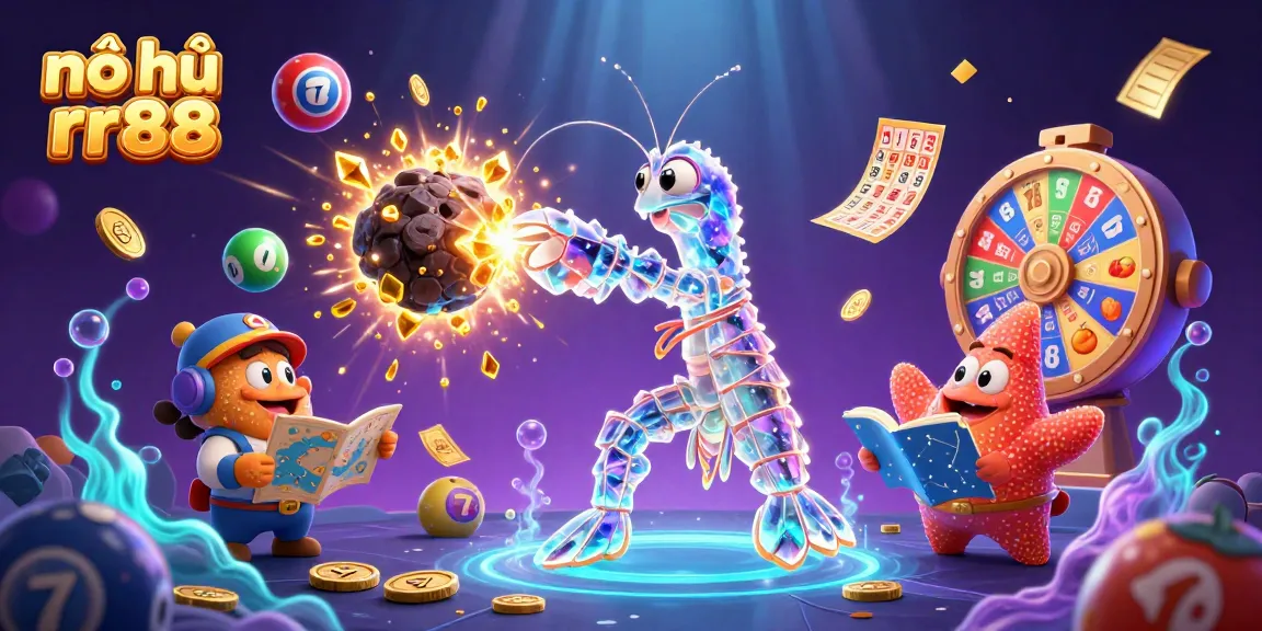 Nổ hũ rr88 features an explosive scene with a galactic shrimp surrounded by vibrant slot reels and colorful lottery elements.
