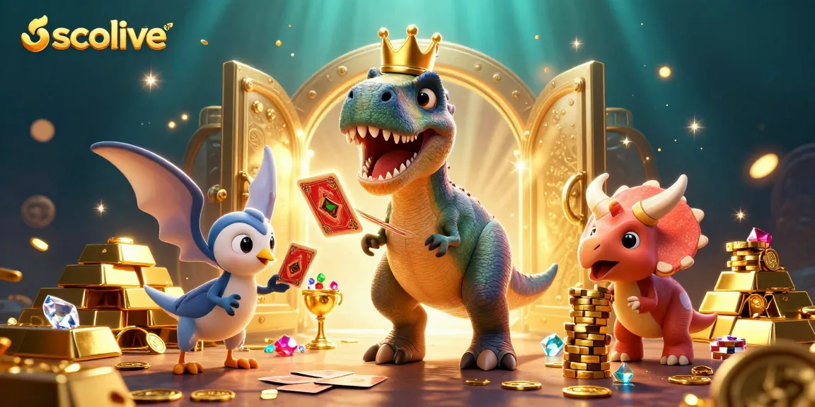 Socolive offers thrilling gambling action with dynamic characters shuffling cards and stacking chips amidst treasures.