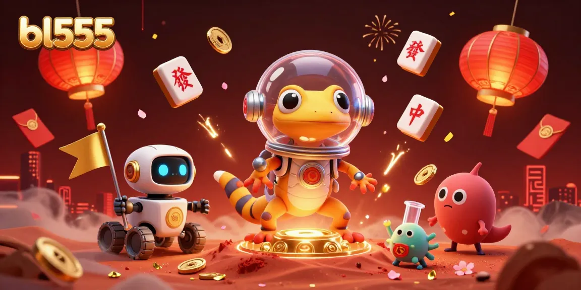 Experience thrilling gameplay at bl555 with a 3D Martian gecko celebrating a golden casino discovery amidst vibrant casino elements.