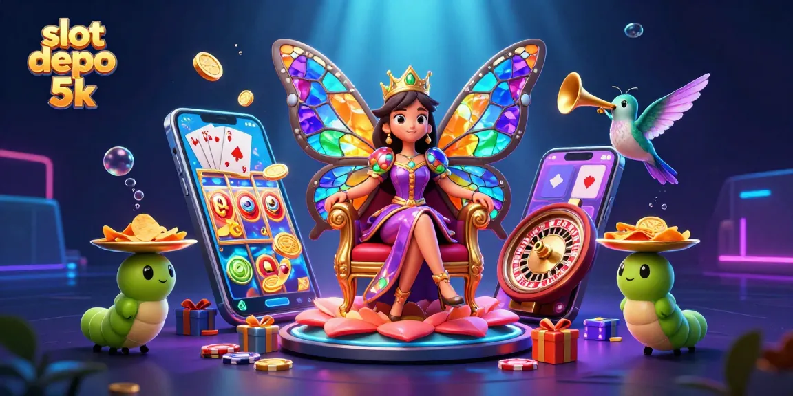Play slots with slot depo 5k on a vibrant scene featuring whimsical characters and casino elements.