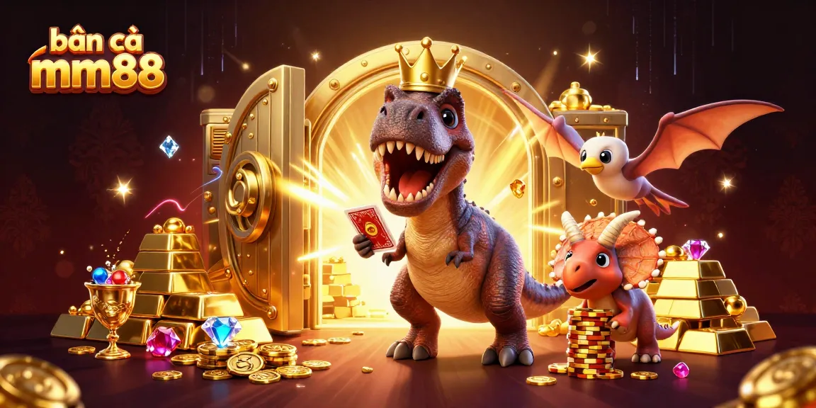 Bắn cá mm88 showcases a 3D T-Rex playing cards while a baby triceratops stacks golden chips.