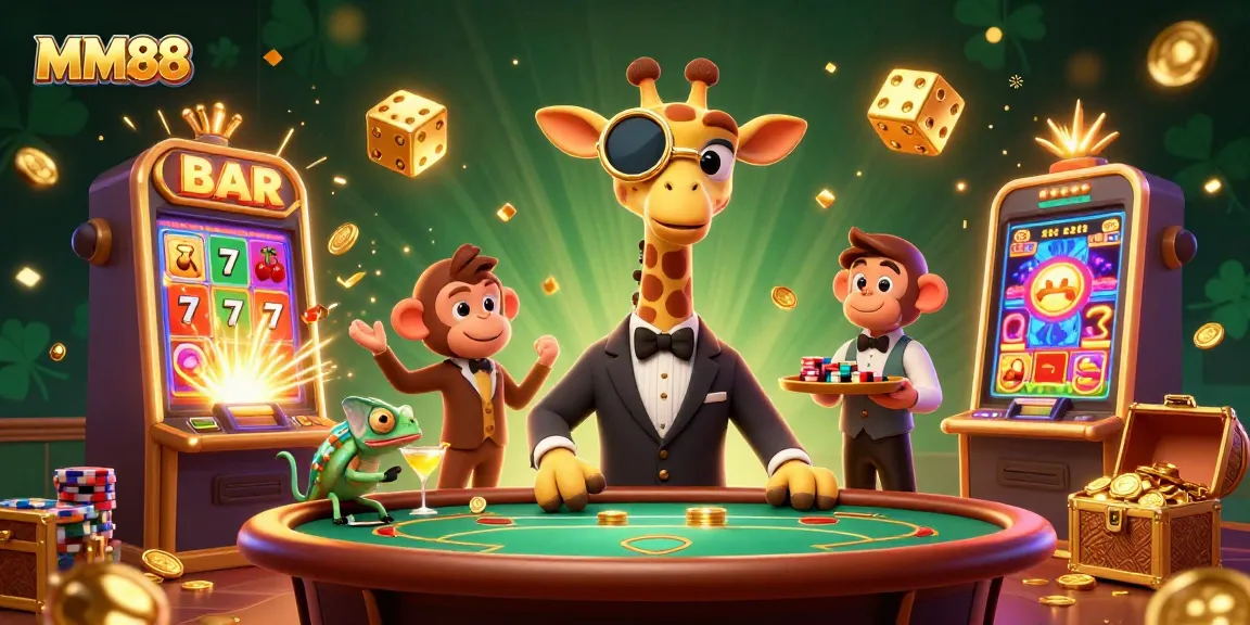 Experience thrilling wins at MM88 with a vibrant illustration of gambling excitement featuring a giraffe, monkey, and chameleon.