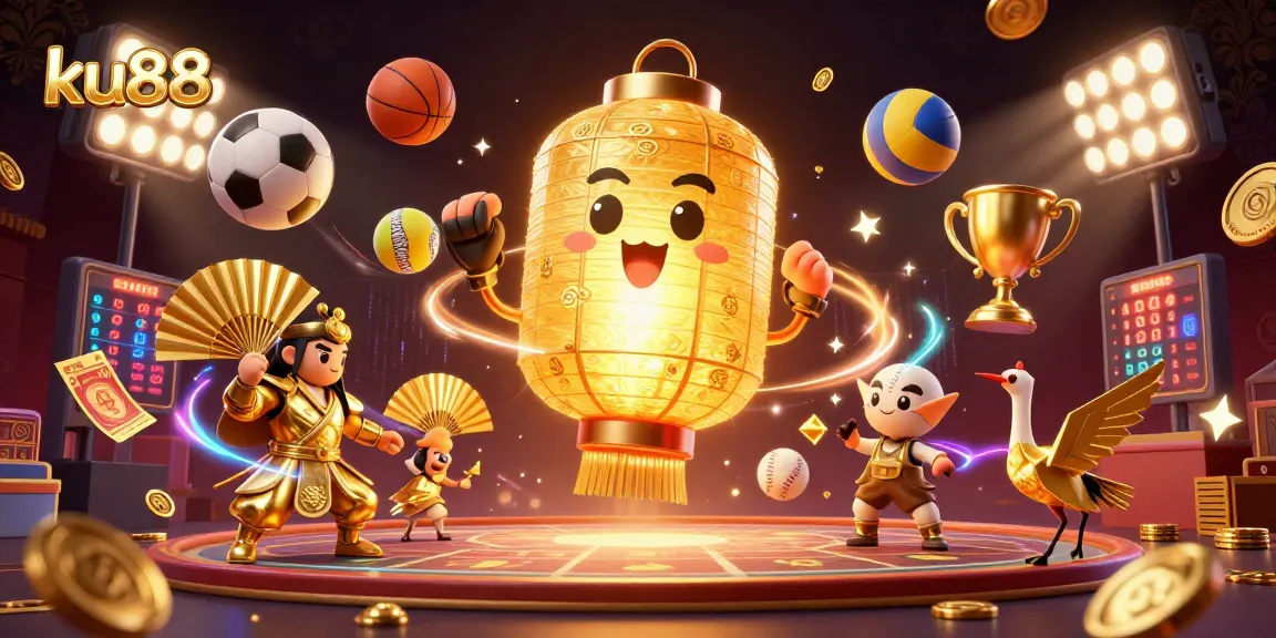 ku88 sports betting action scene with golden lantern spirit and dynamic game elements.