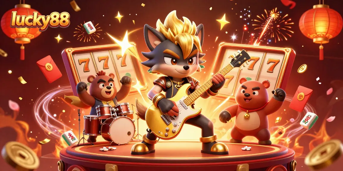 Engage with lucky88 on a vibrant casino stage featuring a rock star wolf and drummer bear.