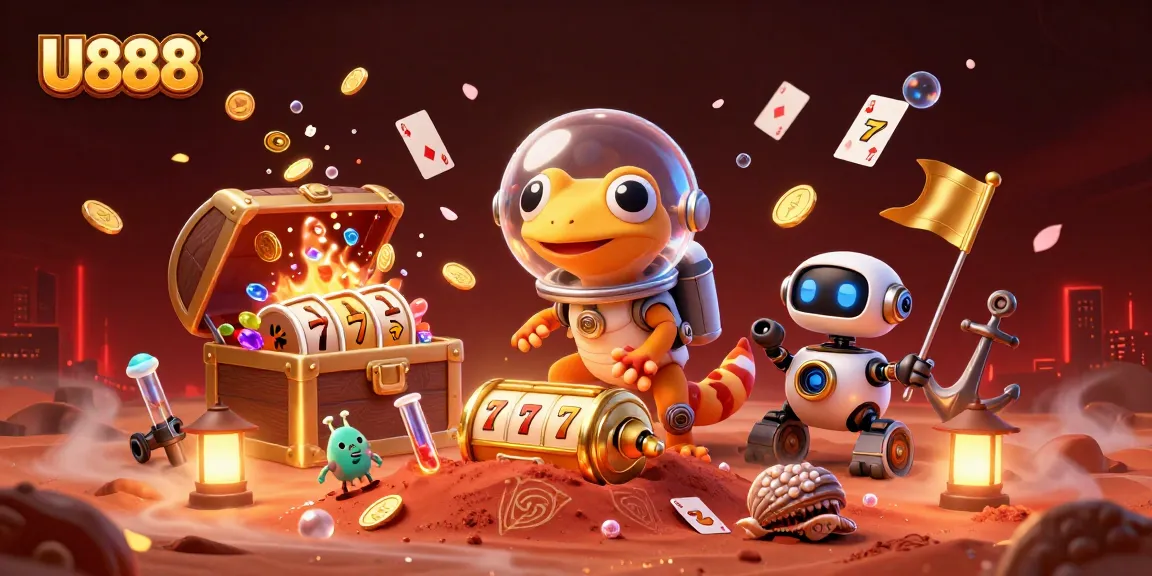 Experience exciting U888 casino gameplay with Martian gecko discovering treasure and game elements.