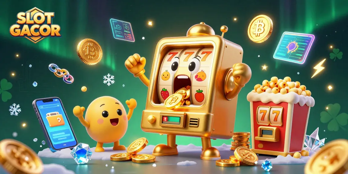 SLOT GACOR jackpot scene with a golden slot machine pouring coins, Crypto elements & lively atmosphere.