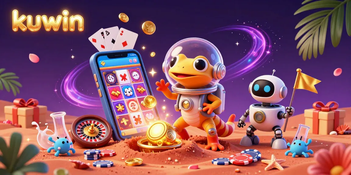 Kuwin Martian gecko explores a vibrant casino, capturing excitement with dynamic gaming elements.